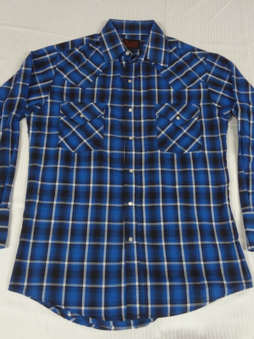 VINTAGE PLAINS WESTERN PEARL SNAP PLAID BLUE WHITE BUTTON UP SMALL SHIRT M50